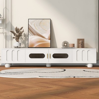 Chic Crate - 80" Modern Media Console w/ Tempered Glass & 2 Drawers - Natural Oak & Brushed Steel TV Stand for Living Room/Home Theatre