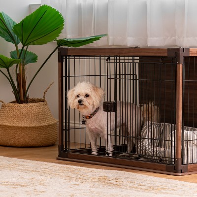 Medium Brown Wooden Dog Crate with Wire Sides