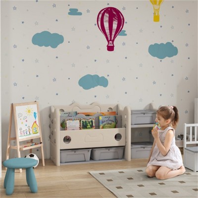 SKRAN 2-Tier Kids Multi-Functional Toy Storage Organizer with 4 Storage Boxes & Bookshelf for Children's Room, Nursery, Playroom, Cream White