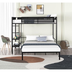VASIP Metal Twin Over Full Bunk Bed with Built-in Shelves & Grid Panel - Sturdy Frame, Noise-Free Wood Slats, Converts to 2 Full Beds - 1 of 4