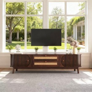 Homy Casa TV Stand with Rattan Drawers and Fluted Doors for Living Room, Walnut - 1 of 4