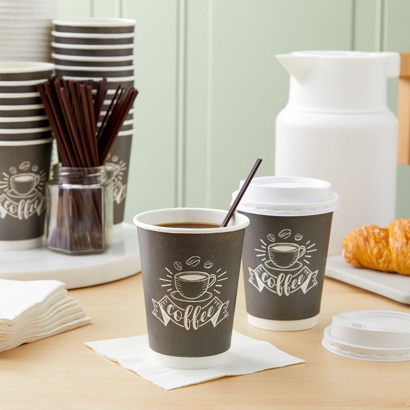 Sparkle and Bash Sparkle and Bash 50 Pack 12 oz To Go Coffee Paper Cups with Lids, Stir Straws, Napkins, Black, 2 of 10