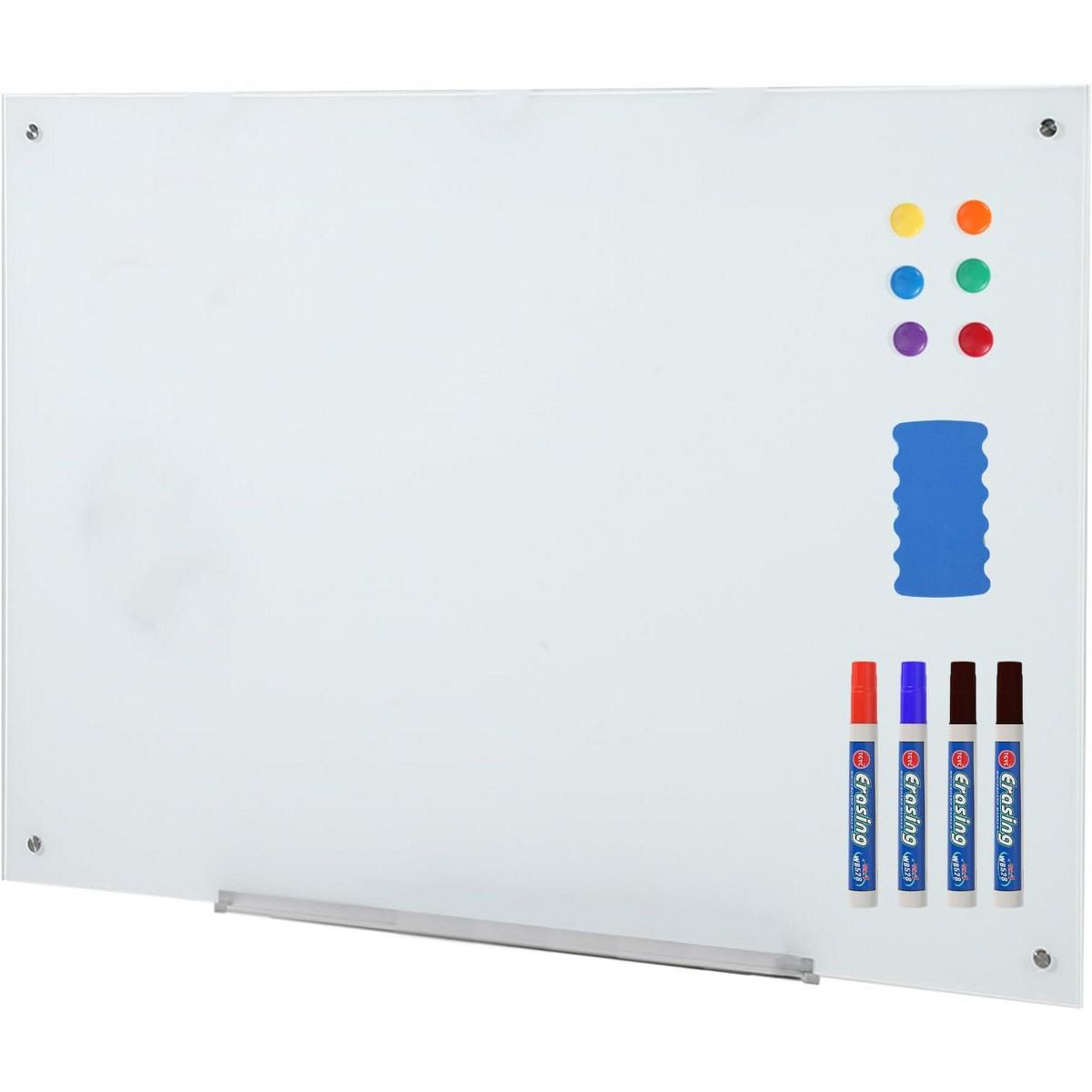 Magnetic Tempered Glass Whiteboard, Wall Mount Frameless Dry Erase Board with Marker Tray, Magnets, Eraser & Markers for Office & Home