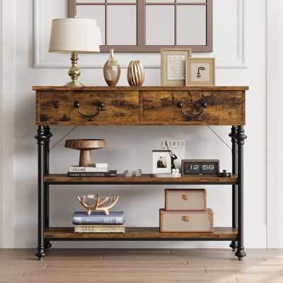 Homhougo Console Tables for Entryway, Small Entryway Table with 2 Drawers Brown