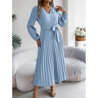 Women Fall Casual Pleated Long Sleeve Maxi Dress V Neck Button Boho Flowy Swing A Line Long Dress with Belt