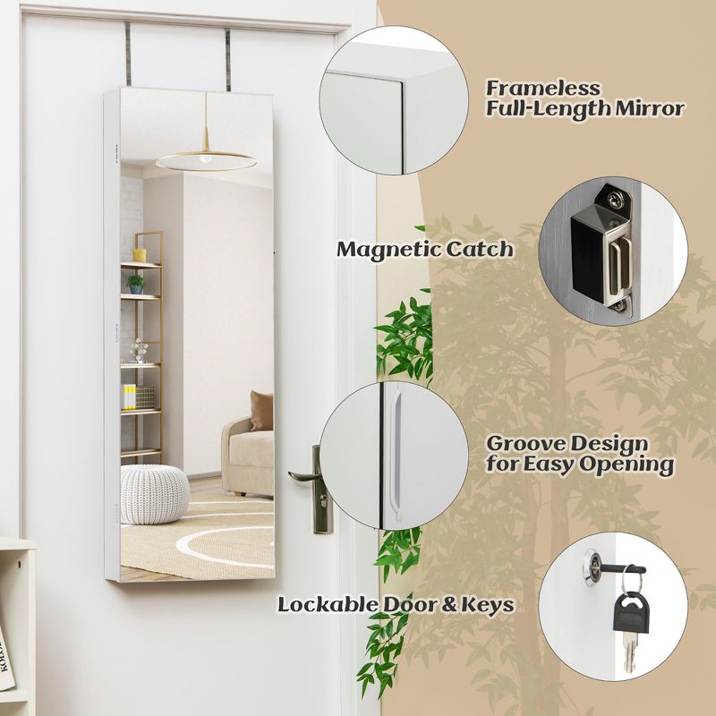 Tangkula Wall Mounted Jewelry Cabinet Full-Length Mirror Lockable w/ 3-Color Lights, 5 of 10