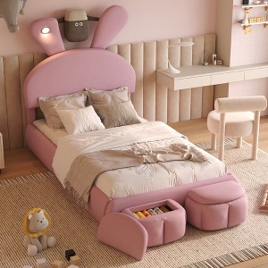 NicBex Twin/Full Size Upholstered Platform Bed with Cartoon Ears Shaped Headboard and  2 Storage Stools for Kids Teens Adults - 1 of 4