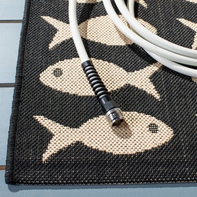 Black and Beige Fish Pattern Synthetic Runner Rug