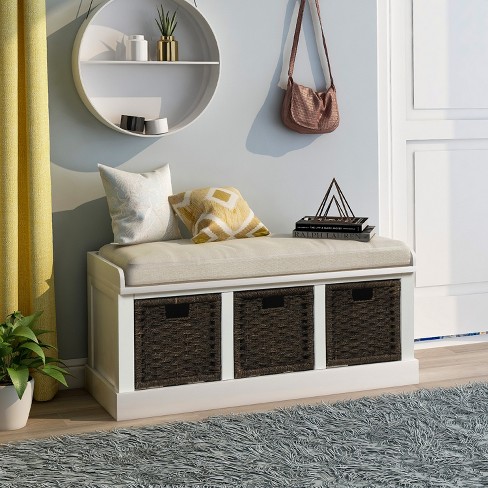 Entryway Storage Bench with Cushioned Seat, Shoe Rack and Drawers Antique  Navy-ModernLuxe