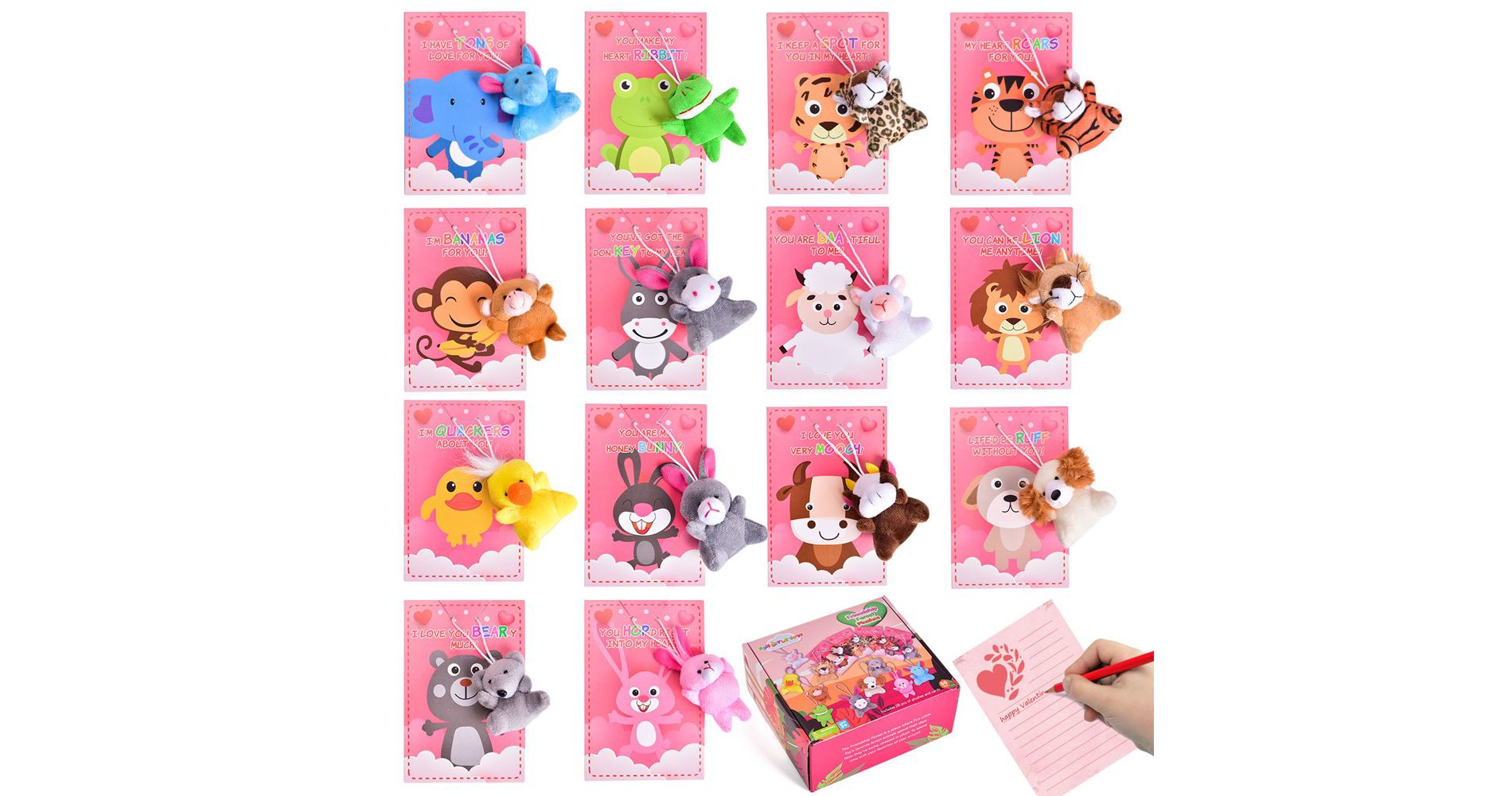 Fun Little Toys Valentine's Day Heart Cards with Plush Toys, 28 Packs Mini Stuffed Animals for Kids Classroom Exchange Gifts and Party Favors