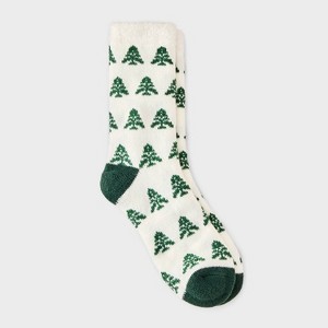 Women's Evergreen Trees Christmas Double Lined Cozy Crew Socks - Auden™ Ivory/Green 4-10 - 1 of 3