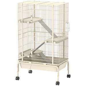 PawHut 4 Levels 47" Small Animal Cage, Large Rolling Metal Ferret Chinchilla Rabbit Cage with 5.9" Deep Tray, 3 Ramps, Water Bottle, Food Dish, Beige - 1 of 4