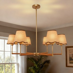 DORESshop 6-Light Rustic Farmhouse Brown Chandelier, Bohemian Woven Bell Shade Pendant Ceiling Light for Dining Room Living Room - 1 of 4