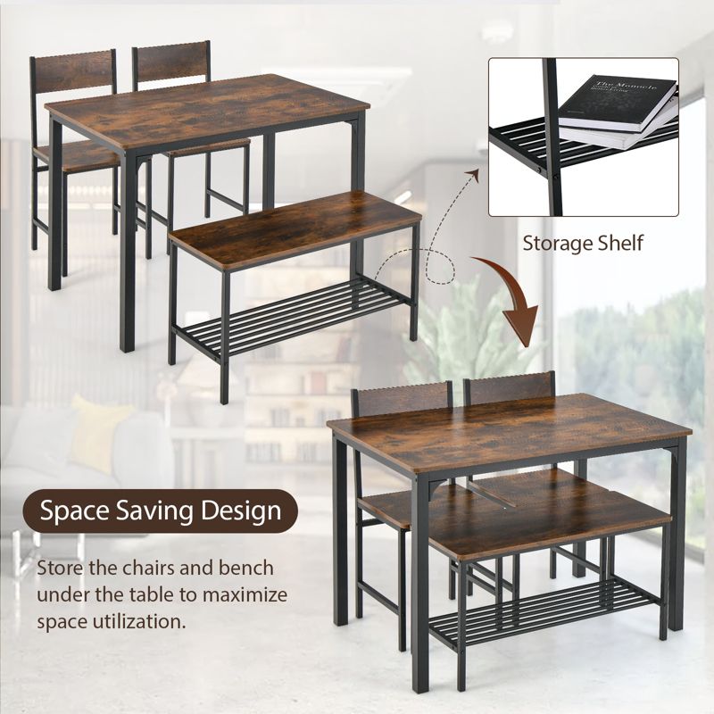 Costway 4pcs Dining Table Set Rustic Desk 2 Chairs & Bench with Storage Rack Brown/Grey/Coffee, 5 of 10