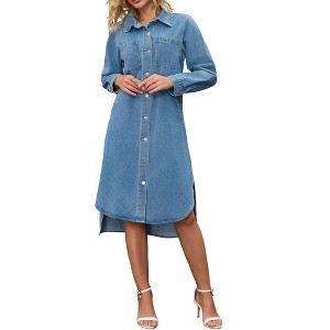 INSPIRE CHIC Women's Denim Button Down Curved Hem Fall Long Sleeve Midi Jean Shirt Dress - 1 of 4
