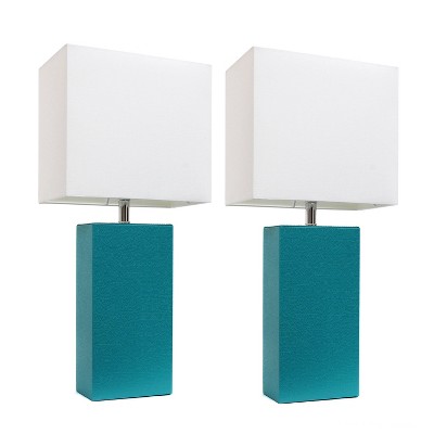 Set of 2 Teal Leather Table Lamps with White Fabric Shades