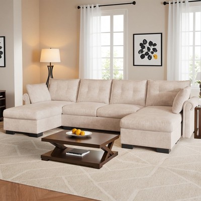 XIZZI 4-Piece Chenille Sofa Set with Large Chaise & Ottoman - Modern Sectional Sofa in White/Beige/Gray/Black, with Round/Square/Sloped Armrest