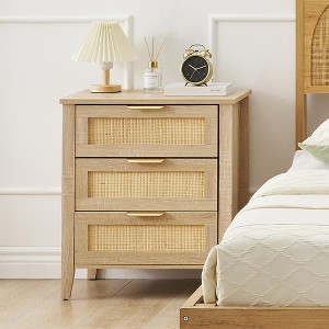 Whizmax Rattan Nightstand - 3-Drawer Bedside Table with Wood Legs, Farmhouse End Table for Bedroom, Living Room & Entryway - 1 of 4