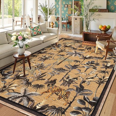 Washable Tiger Print Rug - Non-Slip Low Pile, Stain-Resistant Jungle Animal Carpet for Living Room, Bedroom & Office