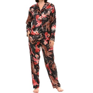 ADR Women's Satin Pajamas Set, Button Down Long Sleeve Top and Pants with Pockets, Silk like PJs with Matching Sleep Mask - 1 of 4