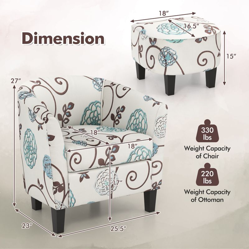 Costway Barrel Modern Accent Tub Upholstered Chair French Print with Ottoman Grey Floral, 3 of 11