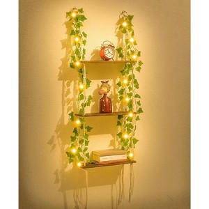 Aoibox 3-Tier Macrame Wall Hanging Shelves with Artificial Ivy Leaves, Boho Room Decor, Handmade Cotton Rope & Wooden Floating Shelves - 1 of 4