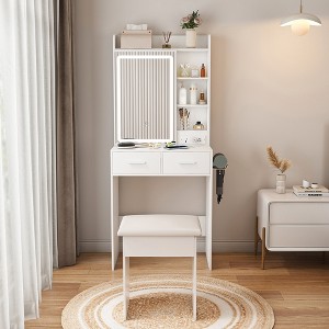 Small Vanity Desk with Mirror and Lights, Makeup Vanity Table with Power Outlet & 2 Drawers & 6 Shelves & Stool - 1 of 4