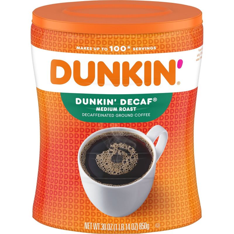 Dunkin Canister Decaf Medium Roast Coffee- 30oz, 1 of 8