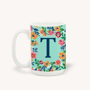 Personalization Mall Flowery Initial Coffee Mug, 15 Oz., Blue Aqua - 1 of 1