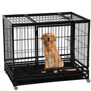 FDW 36/42/48 Inch Dog Crate Heavy Duty Dog Kennel Indoor Outdoor Metal Dog Cage with Removable Pan and Lockable Wheels Pet Playpen for Training - 1 of 4