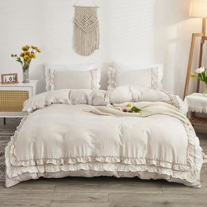 Ruffle Duvet Cover Set – Pleated Shabby Chic Bedding with Pillowcases, Soft Washed Microfiber, Elegant Boho Farmhouse Style - 1 of 4