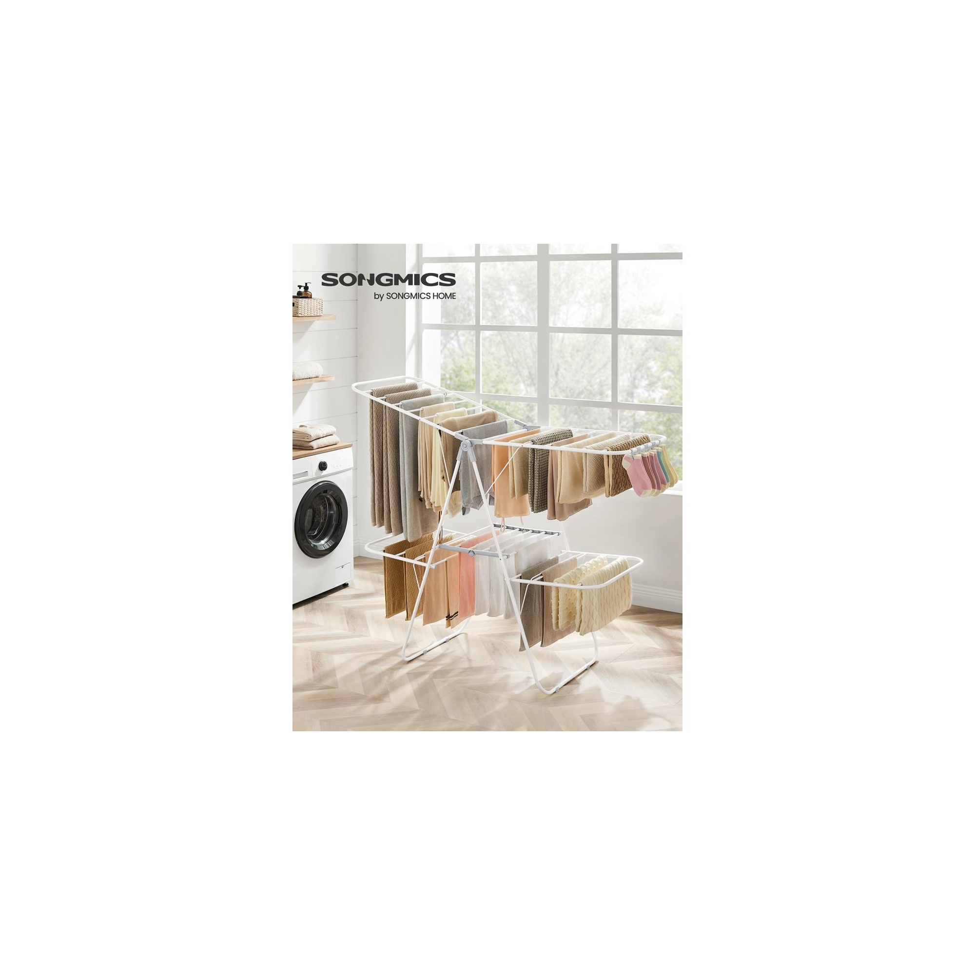 SONGMICS Clothes Drying Rack, Foldable 2-Level Laundry Drying Rack, Free-Standing Large Drying Rack, White and Gray