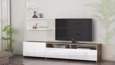 Double Horizontal Brown Dresser with Butcher Block Pattern and Metal Accents