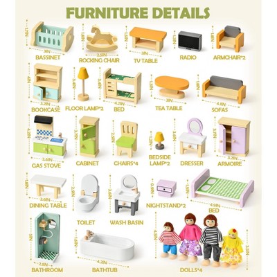 Etokfoks 36pcs Wooden Dollhouse Furniture Set Miniature Accessories for 5 Rooms Pretend Play with 4 Poseable Dolls for Kids Ages 3-8 — фото 7