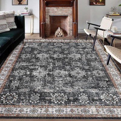 Vintage Area Rug, Washable Stain Resistant, Traditional Distressed Mat, Non-Slip, Foldable Thin Carpet for Living Room, Dining Room, Office