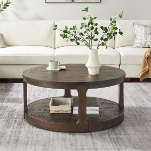Round Coffee Table with Wheels, Cocktail Table Center Table Accent Table, Rustic Farmhouse Vintage, Brown/Oak - ModernLuxe - 1 of 4