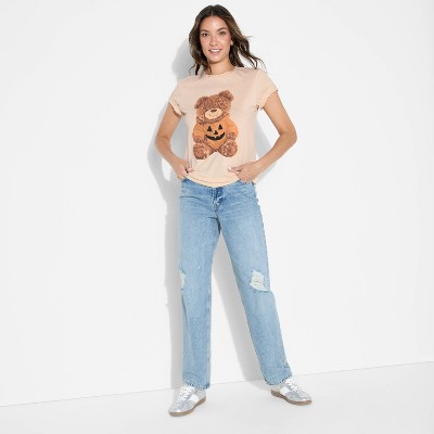 Women's Teddy Bear Pumpkin Short Sleeve Graphic Boyfriend T-Shirt - Beige