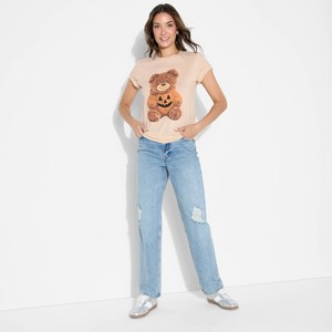 Women's Teddy Bear Pumpkin Short Sleeve Graphic Boyfriend T-Shirt - Beige - 1 of 3