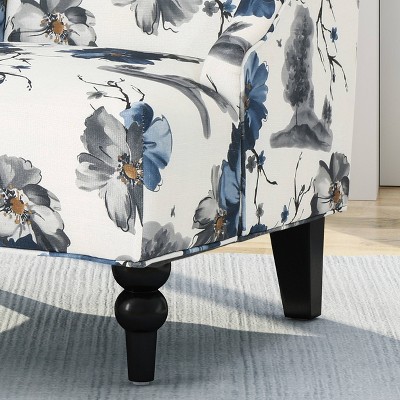 Handcrafted Floral Brown Wood Slope Arm Club Accent Chair