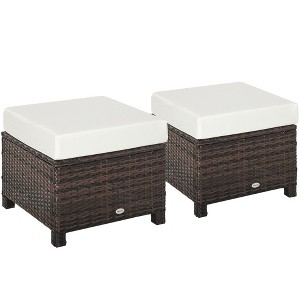 Outsunny 2 Pc 20" Outdoor PE Rattan Wicker Ottoman, Fade-Resistant Patio Footrest with Soft Cushion, Steel Frame, Brown, White - 1 of 4