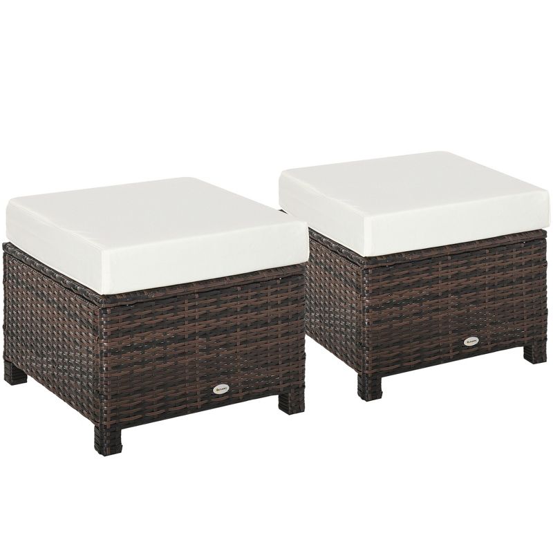 Outsunny 2 Pc 20" Outdoor PE Rattan Wicker Ottoman, Fade-Resistant Patio Footrest with Soft Cushion, Steel Frame, Brown, White, 1 of 6