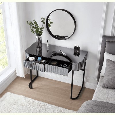 39" Mirrored Makeup Vanity Table with Stainless Steel Base, Mirrored Console Dressing Table with 2 Drawers,Versatile Desk for Bedroom, Silver