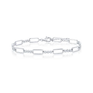 Bella Silver Sterling Silver Alternating Paperclip Design & CZ Bracelet - Silver - 7+1 Inch - 1 of 2