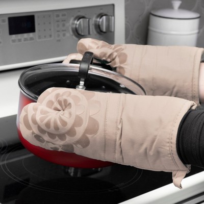 Sand Silicone and Cotton Floral Oven Mitts, Two Pack
