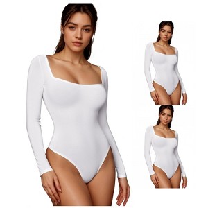 INSPIRE CHIC 3 Packs Women's Long Sleeve Bodysuit Slim Fit Square Neck Tummy Control Brief Leotard - 1 of 4