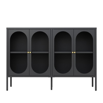 VYNXARIA Metal Sideboard Cabinet with 4 Glass Doors, Steel Locker Buffet Cabinet for Kitchen, Living Room, Coffee Bar Storage