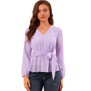 Allegra K Women's Swiss Dots V Neck Long Sleeve Tie Waist Peplum Shirt - 1 of 4