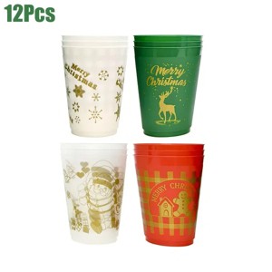 Christmas Plastic Drink Cups,featuring foil-stamped stars,gingerbread men,Santa Claus,and reindeer designs.16 oz reusable,12Pcs - 1 of 4