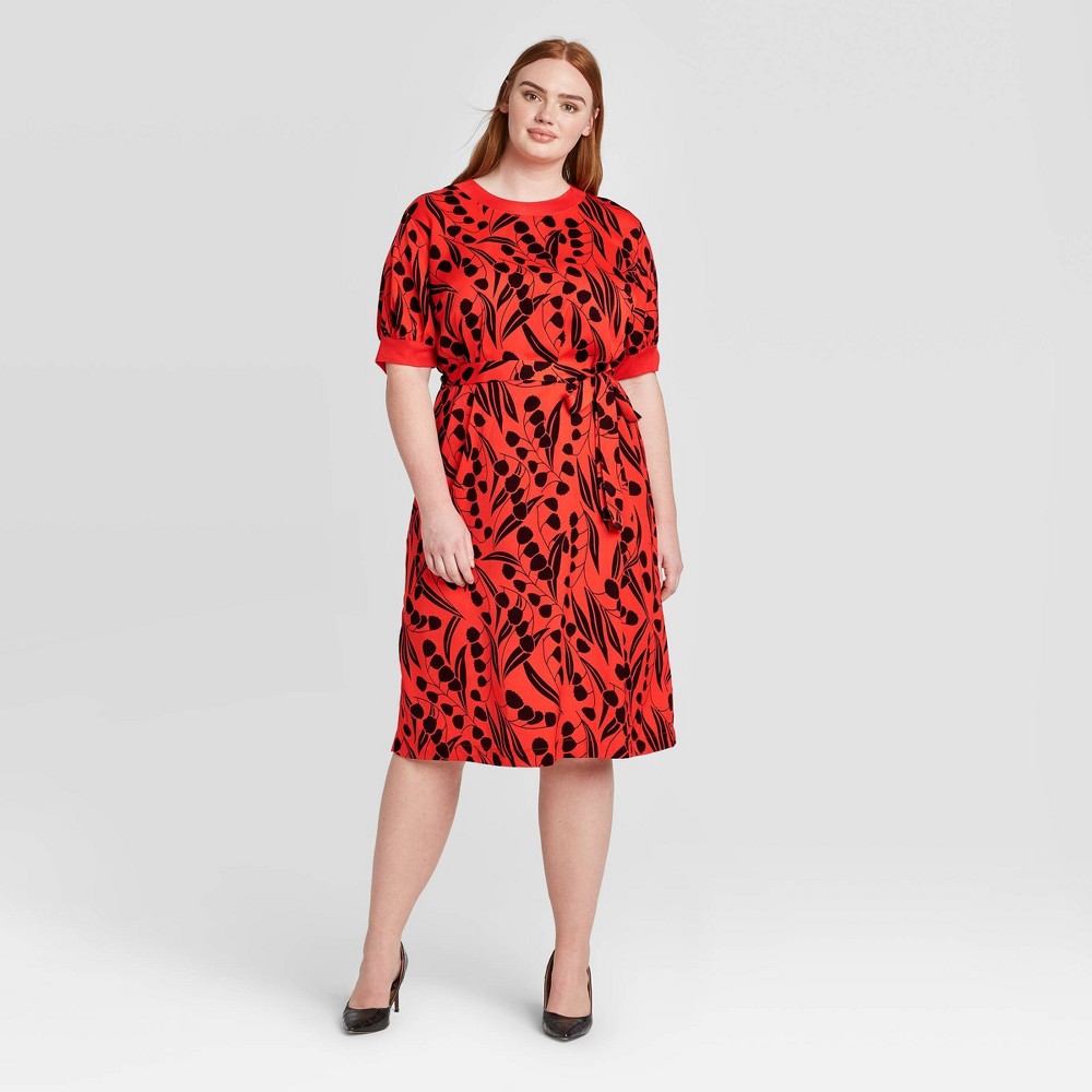 Women's Plus Size Floral Print Short Sleeve Boat Neck Rib Trim A-Line Dress - Who What Wear Red 3X, Women's, Size: 3XL was $38.99 now $27.29 (30.0% off)