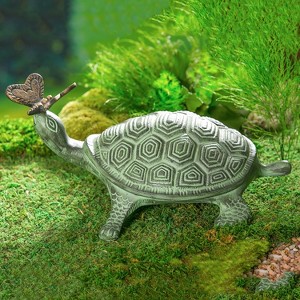 Evergreen 14"L Verdigris Metal Garden Statuary, Turtle and Butterfly - 1 of 3